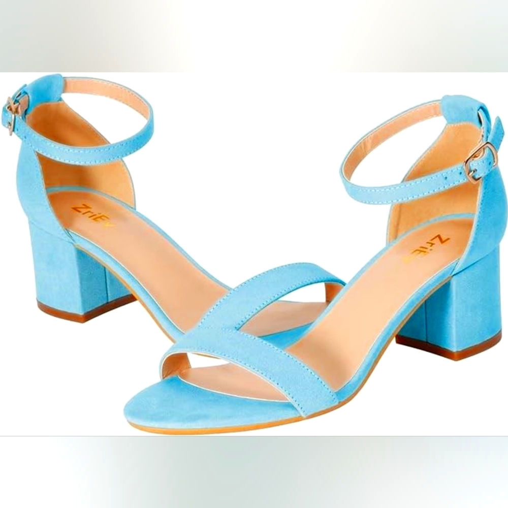 ZriEy Women's Strappy Chunky Low Heeled Sandals - size 7 B (M) US, Light Blue